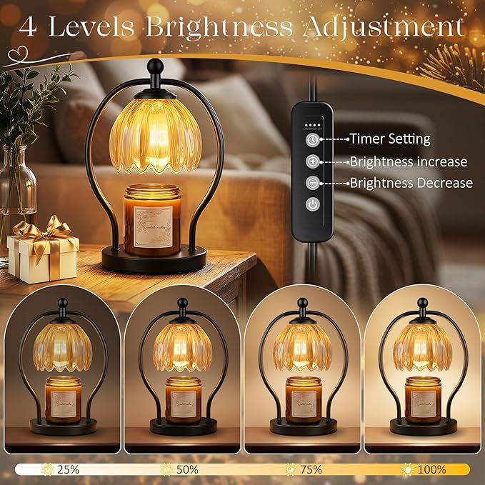 Candle Warmer Lamp, Dimmable Candle Warmer with Timer, Vintage Candles Wax Warmers for Jar Candles Christmas Birthday Gifts for Women Mom, New Home Decor for Bedroom Living Room, Black Amber