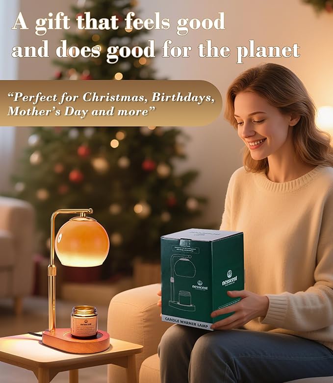 Amber Glass Candle Warmer Lamp Adjustable Height Dimmer 2 4 8 Hour Timer Dark Wood Base Wax Melter Includes Scented Candle and 2 Bulbs for Cozy Bedroom Living Room Home Decor