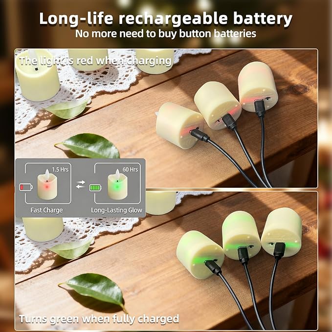 Rechargeable Flameless Candles with Remote Timer, 6pcs LED Flickering Electric Tea Lights Votive for Valentines, Christmas, Home Decor, Wedding,Home Decoration(USB-C Charging Cable Included)