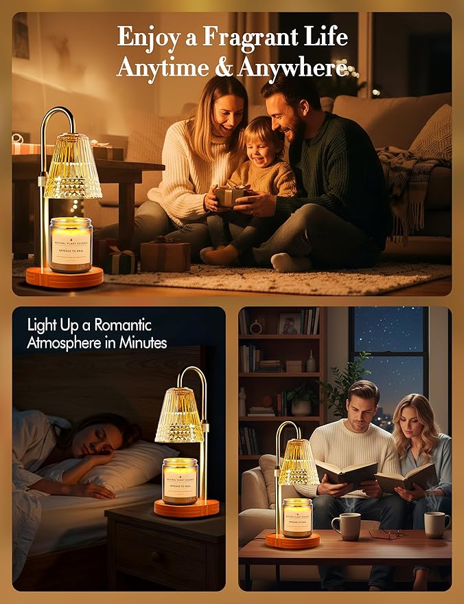 Candle Warmer Lamp with Timer Dimmer: Height Adjustable Wax Melt Warmer for Scented Jar Candles with 2 Bulbs, Christmas Birthday Gifts for Women Mom, House Warming Gifts New Home Room Decor (Gold)
