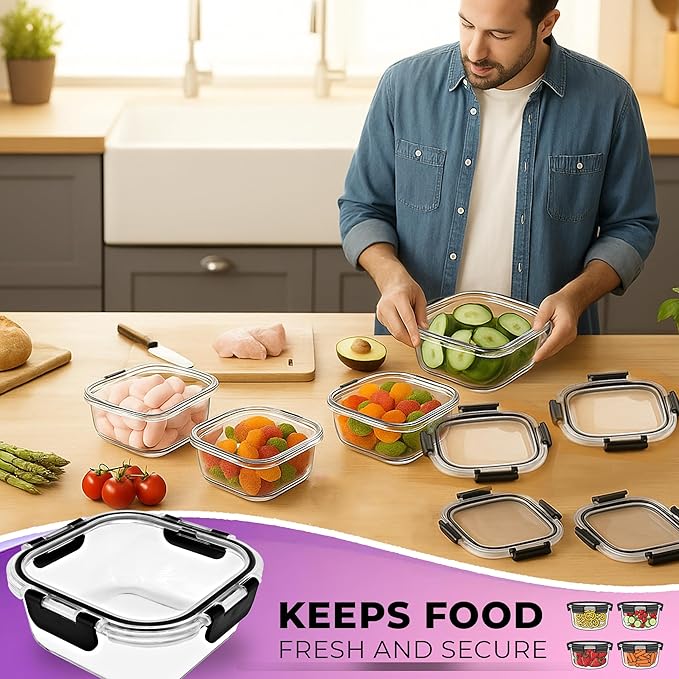 Glass Food Storage Containers Bowls with Airtight Snap Locking Lids for Meal Prep Leftovers Baking Lunch Boxes Dish (Black, 27oz Square 4 Pack)