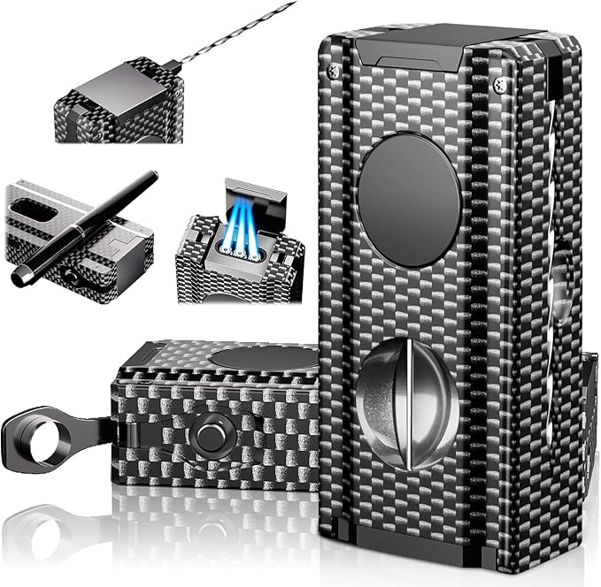 5-in-1 Torch Lighter, Built-in Multi-Functional Accessories, Punch, Draw Enhancer Tool, Holder, Triple Jet Flame, Premium Gifts for Men/Women, Butane Refillable Windproof Lighter for Candles, Travel