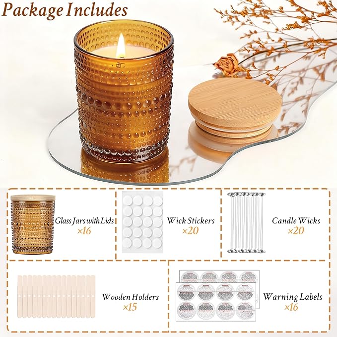 CONNOO 16pcs Pearl Candle Glass Jars with Natural Bamboo Lids, 7oz Thick Containers for Candle Making with Wicks & Stickers, Pearl Amber Jars for DIY Projects, Bulk Orders, Gifts & Home Décor