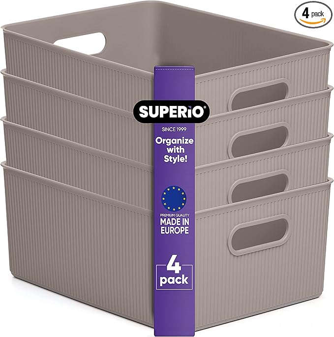 Superio Ribbed Collection - Decorative Plastic Basket Open Home Storage Bins Organizer, Large Taupe (4 Pack) Container Boxes for Organizing Closet Storage Bins for Shelves 15 Liter/16 Quart