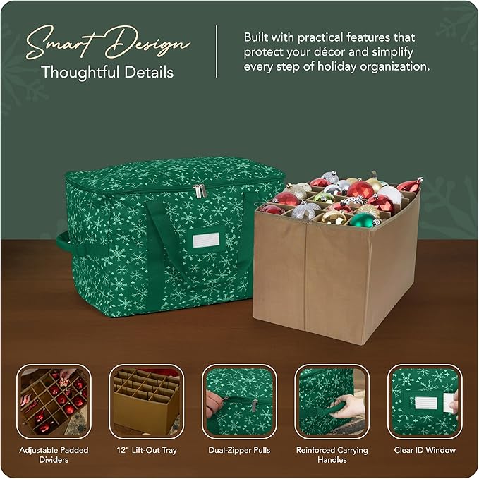 Covermates Keepsakes Adjustable Ornament Storage Bag – Heavy-Duty Polyester, Padded Dividers & FlexGrid Trays – Protective Holiday Ornament Organizer with Handles & Label Window, Green Snowflake