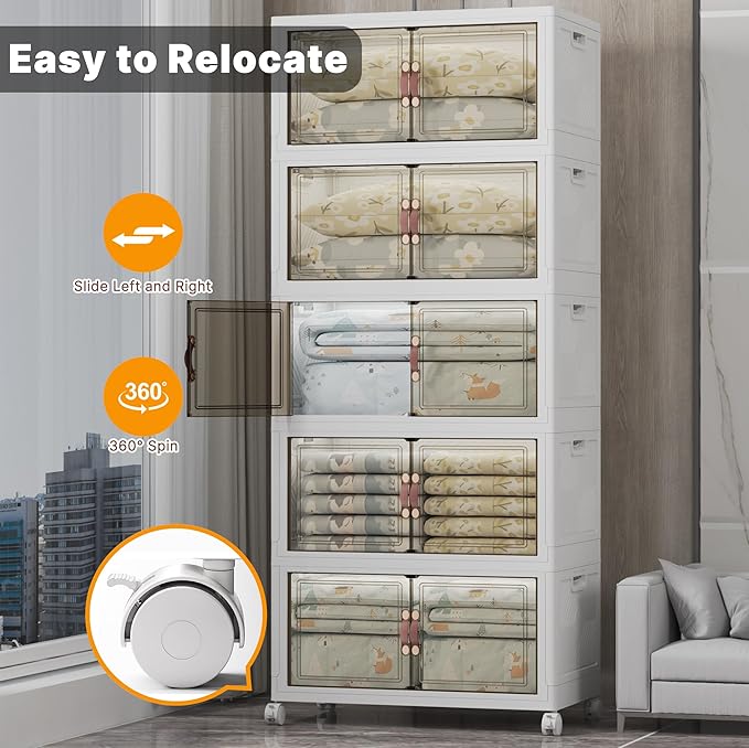 UAMFURI Stackable Storage Bins with Lids & Wheels & Door, Foldable Collapsible Closet Organizers, Extra Large Plastic Storage Drawers for Bedroom Dorm Office Garage (White-160QT, 5Pack with 1 top lid)
