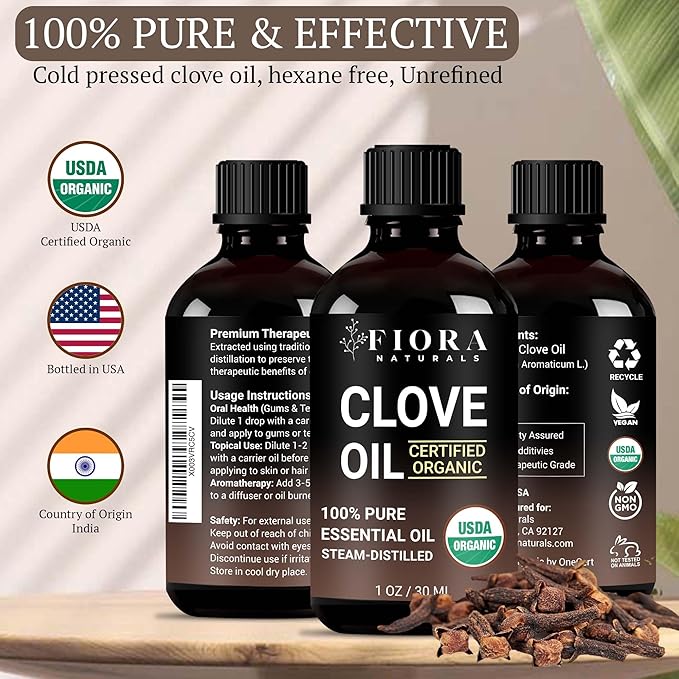 Organic Clove Essential Oil – 100% Pure, USDA Certified Clove Bud Oil for Teeth & Gums, Toothache Relief, Hair Growth & Aromatherapy – Premium Cloves Oil for DIY Wellness by Fiora Naturals