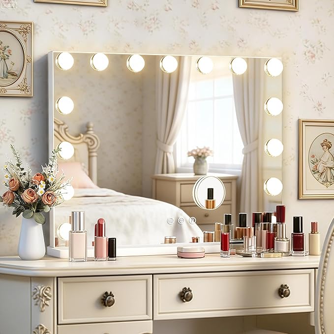 Ratsamee 23" x 18" Hollywood Vanity Mirror with Lights, 15 Dimmable Bulbs, 3 Color Lights, Make Up Lighted Mirror, USB Charging Port, Gifts for Women Wife Teengirls