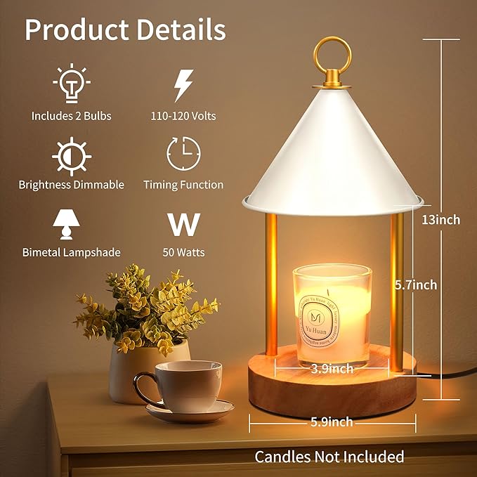 OGACFO Candle Warmer Lamp with Timer and Dimmable, Birthday Gifts Women Mom, Flameless Wax Warmer with Anti-Scald Bi Metal Shade for Jar Candles, Includes 2 Bulbs, Home Decor (White)