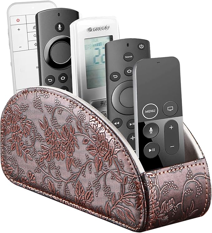 YAPISHI All-in-One Leather Brown TV Remote Holder with 5 Compartments Nightstand Desktop Media Player Remote Caddy Storage Box Organizer Tray for Mobile Office Phone Controller
