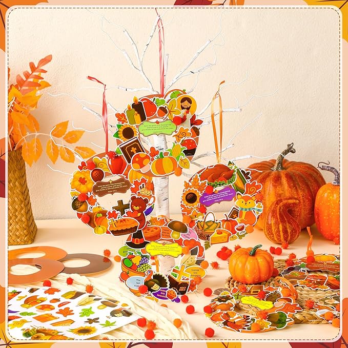 Hollowfly 48 Sets Wreath Craft Kits DIY Wreath Hanging Ornaments Make Your Own Paper Craft with Stickers for Home Party Favors Activities(Christian Thanksgiving)