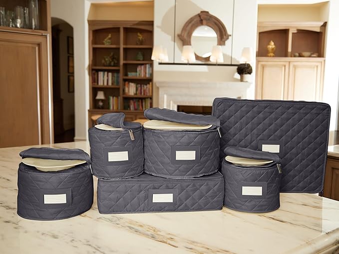 Covermates Keepsakes Dish Storage Set – Padded China & Dinnerware Storage Cases with Dividers, Cup & Stemware Storage, Quilted Polyester Protection, ID Window, Slate