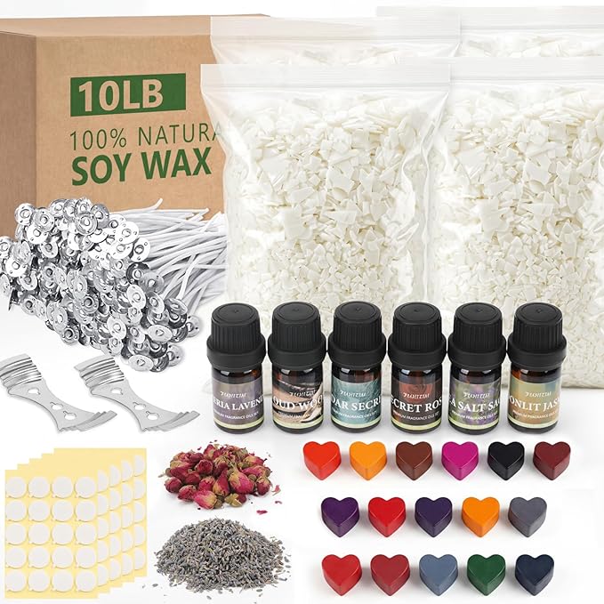 FUHITIM Soy Candle Wax Kit for Candle Making 10 lbs Bag, Premium Natural Soy Wax Flakes, No additives and Pure, 100 Cotton Candle Wicks, Fragrance Oils, Dried Flowers & Pigment Colors