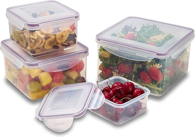 Set of 4 Square Nesting Food Storage Containers - Reusable, BPA Free Plastic, Snap Lock Lids With a Leakproof Silicone Seal. Great for Snacks, Soup, Fruit, Salad and Food Storage…