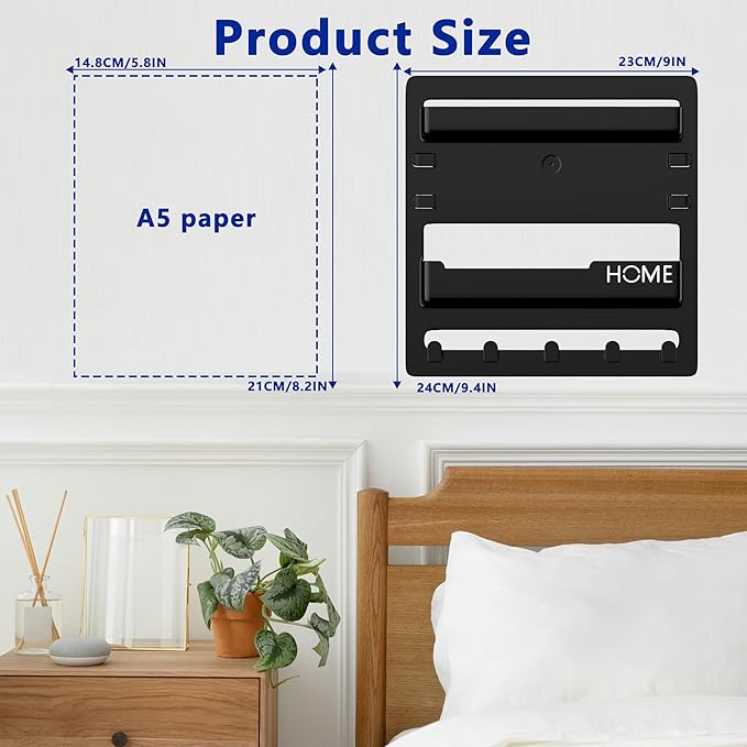 Bedside Shelf Wall Mount,Floating Bedside Adhesive Shelves Accessories,Wall Shelf Organizer and Storage for Bedroom,Camper,Dorm,Apartment-Phone,Earphone,Kindle,Remote Holder,Cable Clip,5 Hooks-Black