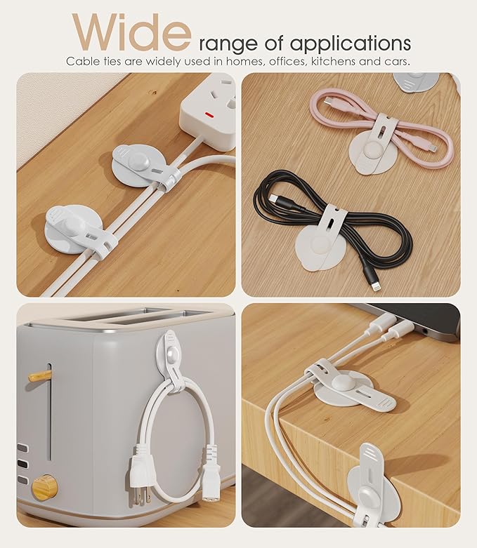 Nearockle Cable Management Under Desk, Adjustable Self-Adhesive Silicone Cable Ties Cord Organizer, Reusable Heavy-Duty Cord Holder Under Table for Office, Home, School (20Pcs-White)