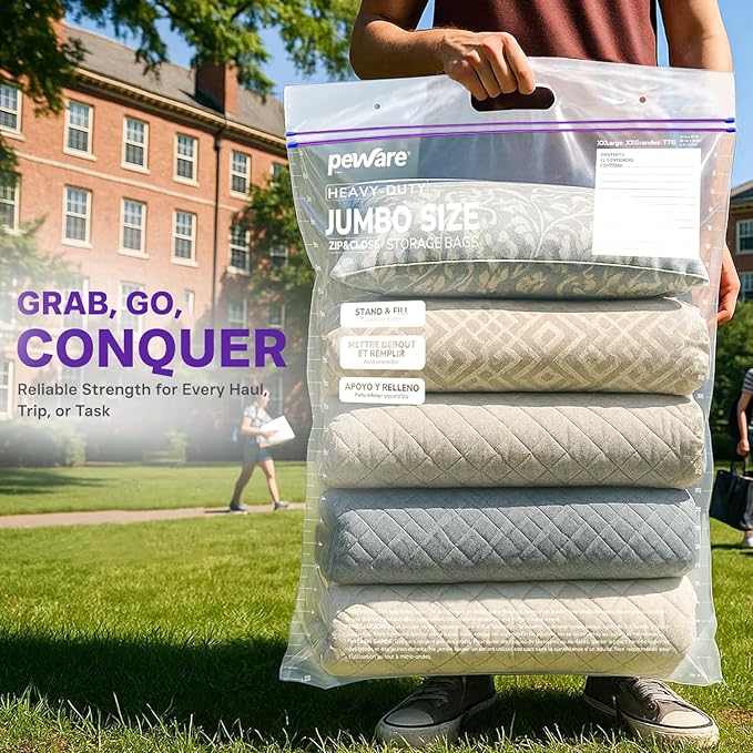 20 Gallon Heavy Duty Jumbo Storage Bags with Handle – 24" x 34" Resealable Zipper Top, Oversized Storage Solution for Clothes, Food, Pillow, Bedding, Household, BPA-Free, Pack of 5, 6 Mil Thick