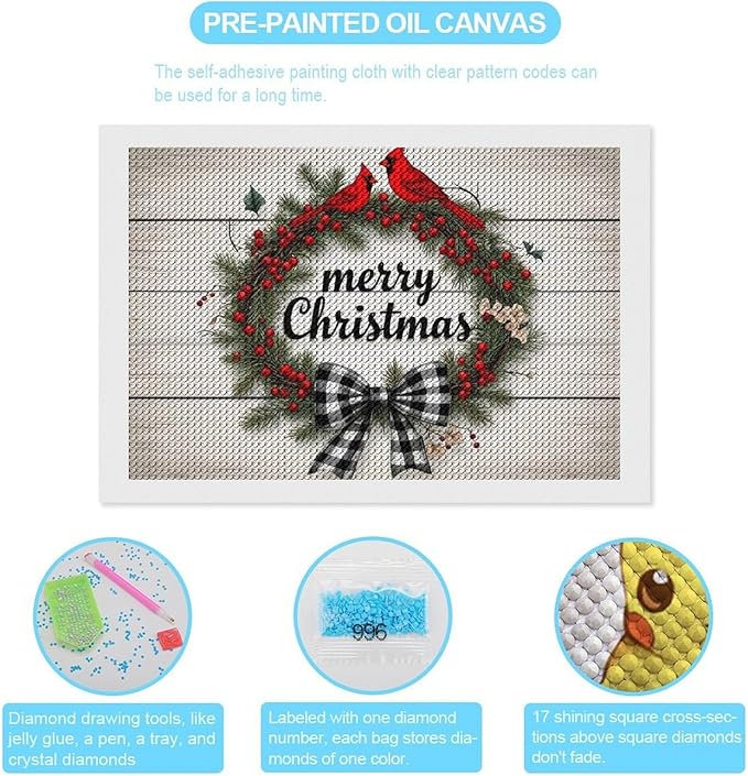 AIVKIEJK Diamond Painting Kits for Adults - Christmas Red Cardinal Birds Wreath Painting DIY 5D Full Drill Diamond Dots Paintings with Diamonds Gem Art and Crafts Home Decor 8"x12"