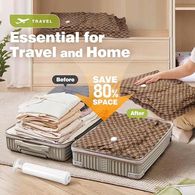 6 Pack Cloth Vacuum Storage Bags, Vacuum Seal Bags for Clothing with Hand Pump, 2 Large+4 Medium, 80% Space Saver Bags for Luggage, Comforters,Blankets, Home Travel Essentials(Khaki Checkered)