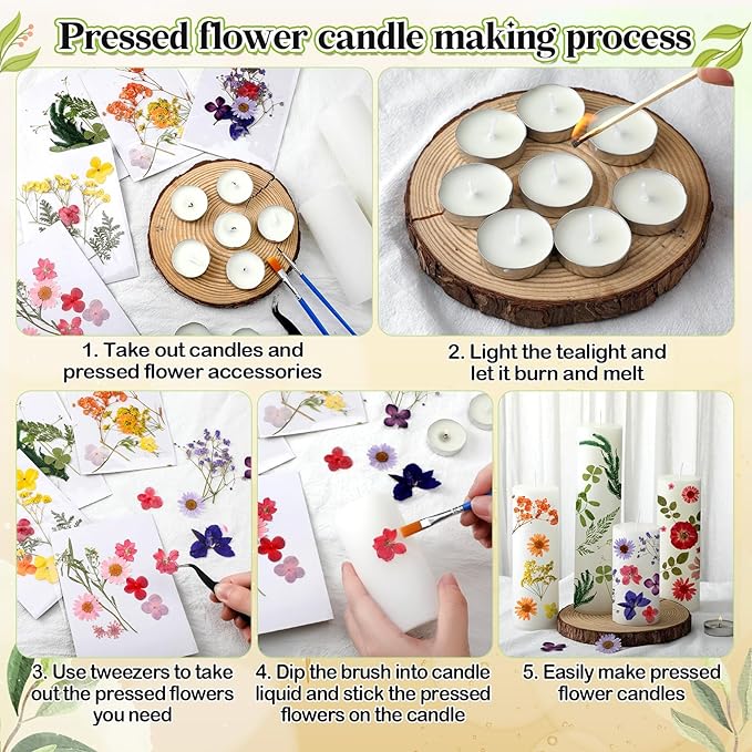 MTLEE 24 Pack Dried Pressed Flower Candle Painting Kit 6 White Pillar 6 Dried Pressed Flower 10 Tealight Candle Tweezer Brush for Galentines Girls Night Birthday Wedding Party DIY Crafts(4/6/8 Inch)