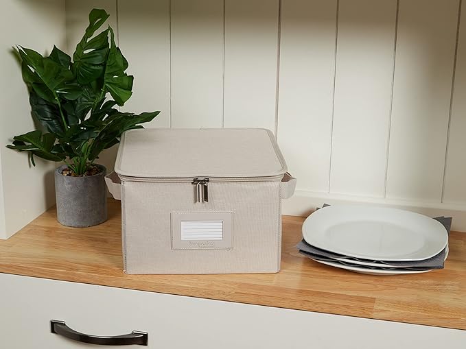 Covermates Dish Storage Box – China & Dinner Plate Storage Container with Dual Zippers, Reinforced Handles, ID Window & Stackable Structured Walls for Dishware Organization, Beige Heather