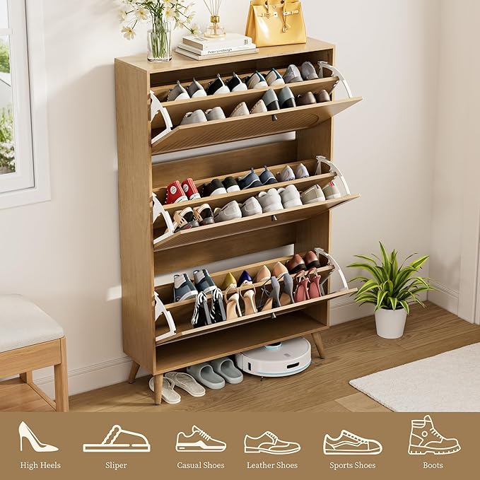 Fsbecl Shoe Storage Cabinet for Entryway with 3 Flip Drawers, Narrow Shoe Organizer with Fluted Panel, Freestanding Wood Hidden Shoe Cabinet for Hallway(Wood Color, 31.4''W, Double Layer)