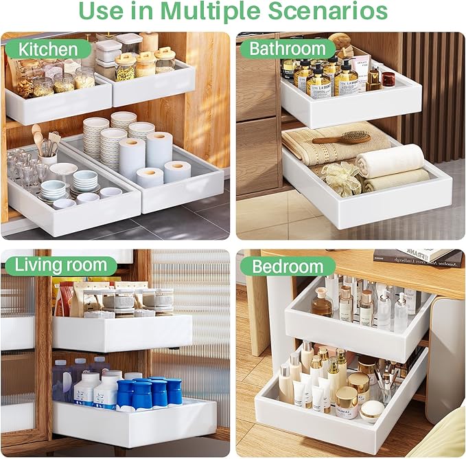 Pull Out Cabinet Organizer with Nano Adhesive, Heavy Duty Full-Extension Slide-Out Drawer for Kitchen Cabinet Organizers and Storage, No Drill Roll out Pantry Shelf, 15.8"W x 16.9"D x 3.1"H , White