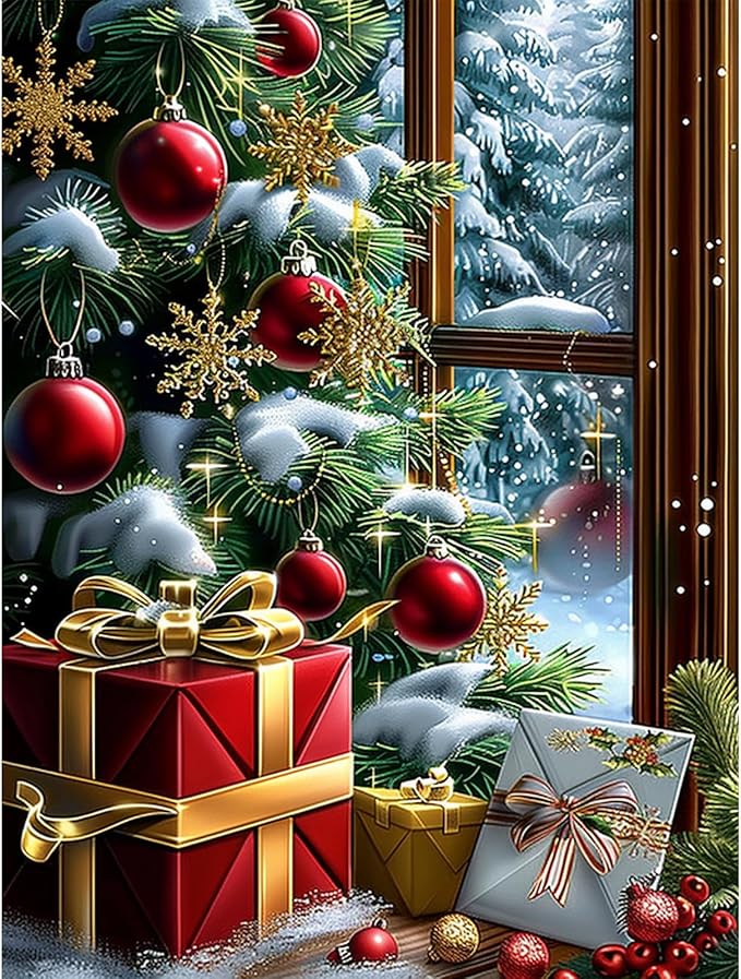 DOMROM Christmas Diamond Painting Kits, Christmas Tree and Gift Diamond Art Kits,Gem Art Painting with Diamonds Dots, Arts and Crafts for Beginners Adult Wall Decor 12 x 16inch