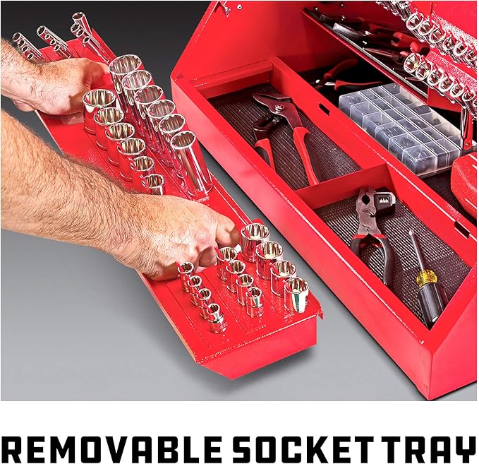 Powerbuilt 26 Inch Portable Slant Front Rapid Toolbox Tiered Stairstep Tool Holders, 16 Gauge Steel, Chrome Hardware, Weather-Resistant Lockable Polymer Lid, Red, 240311