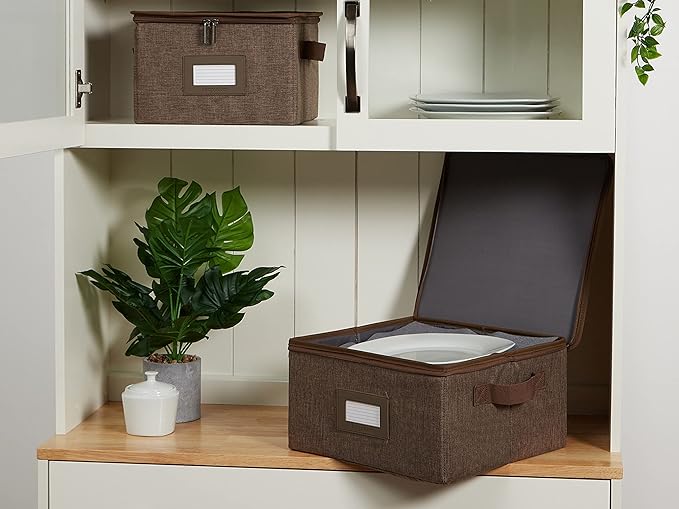 Covermates Dish Storage Box – China & Dinner Plate Storage Container with Dual Zippers, Reinforced Handles, ID Window & Stackable Structured Walls for Dishware Organization, Brown Heather