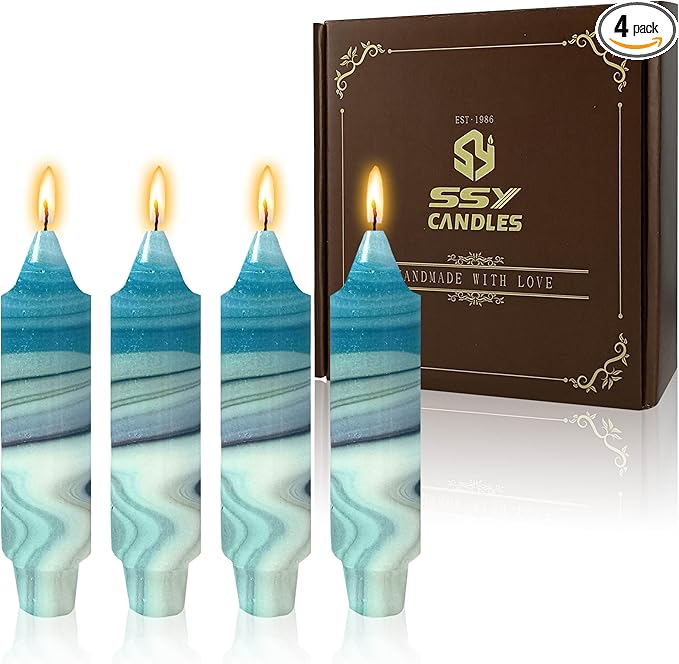 5 inch Short Candle Blue Quicksand Print Candle 4 Pack Handmade Unscented Taper Candles Printed Candlestick Smokeless Tapered Candles for Home Dinner Wedding Holiday