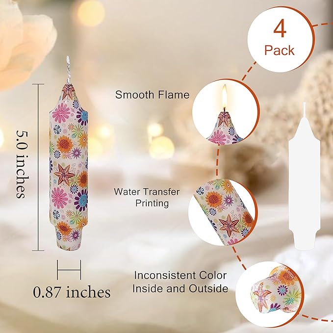 5 inch Short Candle Floral Candle Sticks Printed Candlestick Handmade Unscented Taper Candle 4 Pack Flower Tapered Candles for Home Dinner Wedding Holiday