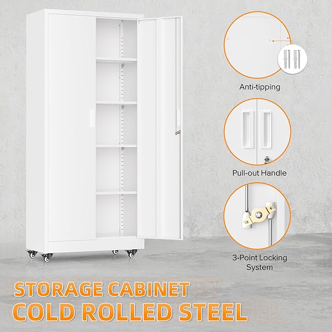 Superday 73" Metal Storage Cabinet with Wheels, Lockable Steel Utility Cabinet with 2 Doors and 4 Adjustable Shelves, Rolling Storage Cabinets for Garage, Home Office, Kitchen Pantry, White
