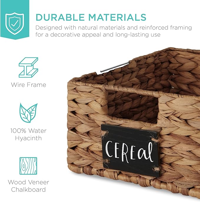 Best Choice Products Set of 4 9x12in Water Hyacinth Pantry Baskets, Woven Organizers w/Chalkboard Label, Chalk Marker - Chestnut