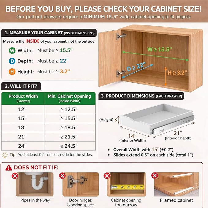 Menkxi 2 Set Wooden Pull out Cabinet Organizer Fully Assembled Slide out Pantry Drawer with Gentle Close Storage Shelf Tray for Base Kitchen Under Sink Bathroom Accessory
