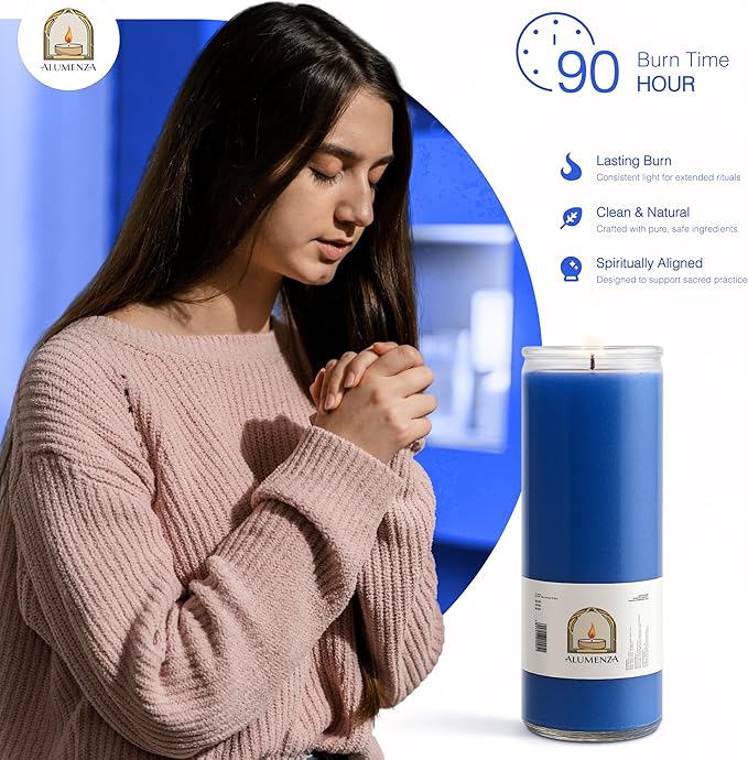 3 Pack Blue 7 Day Candles in Glass Jar – Paraffin Wax, Clean Burning Unscented | Large & Tall Devotional Prayer Pillar Candles for Home, Memorial, Spells, Long Lasting