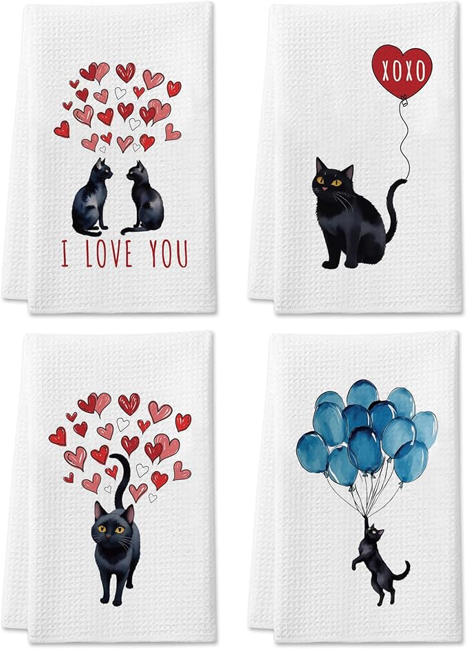 DETIHO Black Cat Kitchen Towel, Cat Lover Gifts for Women Mom, Cute Kitchen Towels Decorative Set 16x24 Inches Set of 4, Hand Tea Towels for Kitchen Bathroom Dish (A09)