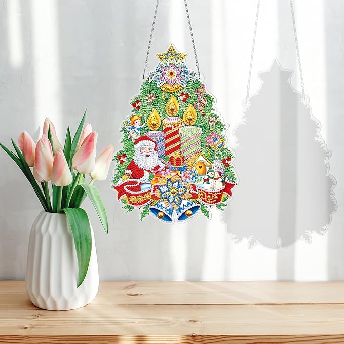 Christmas Tree Diamond Art Hanging Signs with LED Light String DIY Santa Claus Diamond Dots Painting Wreaths Hanging Ornaments Special Shaped Crystal by Number Mosaic Kits Porch Home Wall Door Decor