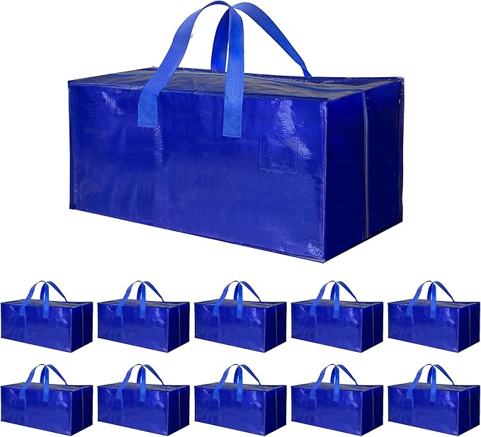 Simple Deluxe 10 Pack Extra Large Moving Bags with Backpack Straps, Strong Handles/Zippers, Heavy Duty Storage Tote for Moving Travel Camping Space Saving, Blue