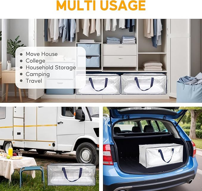 HealSmart 10 Pack Extra Large Moving Bags with Zippers & Carrying Handles, Heavy-Duty Storage Tote Moving Boxes for Dorm Room Essentials Storage Bags, Clear