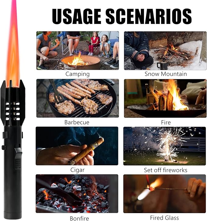 Butane Torch Lighter Cooking Torch Refillable Windproof Firelighter Bright Fire Lighter Christmas Stocking Stuffer Gifts for Men Dad, Blue Red Flame Adjustable Jet Flame for BBQ (Gas Not Included)