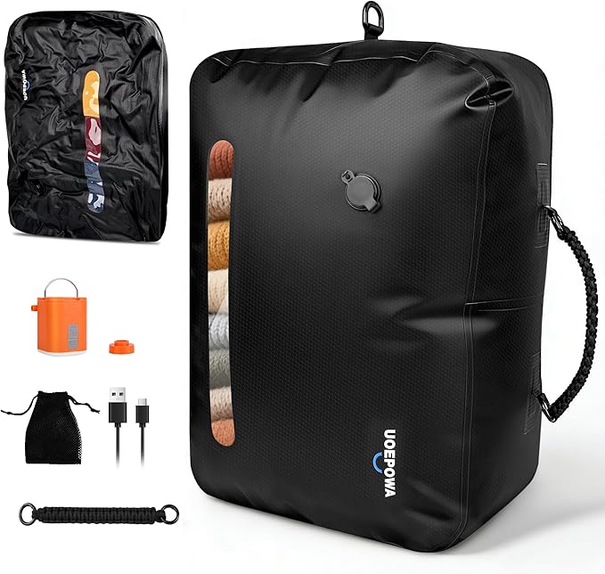 Travel Vacuum Bags with Pump, 33L Vacuum Seal Bags for Clothing, IPX8 Waterproof Vacuum Storage Bags with Handle for Luggage, Backpack, Suitcase, Home & Outdoor 1Pack Black