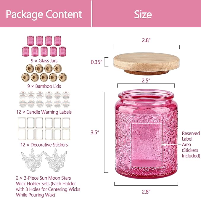 9-Pack 8oz Embossed Glass Candle Container with Bamboo Lids and Labels, Pink Candle Jars for Making Candles, Sun Moon Star Design