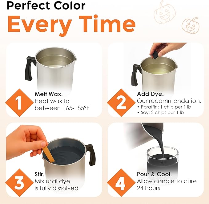 Candle Dye - Made in The USA - 5 Halloween Colors (Orange, Black, White, Purple, Lime Green) for Paraffin or Soy Wax - Highly Concentrated - Great for Professionals or Hobbyist - 50 Dye Chips