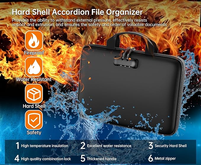 Fireproof File Organizer with Lock, Hard Case Fireproof Document Box with 13 Pockets Accordion File Folder, Important Document Organizer for Letter A4 Files Laptop Passports (Black)