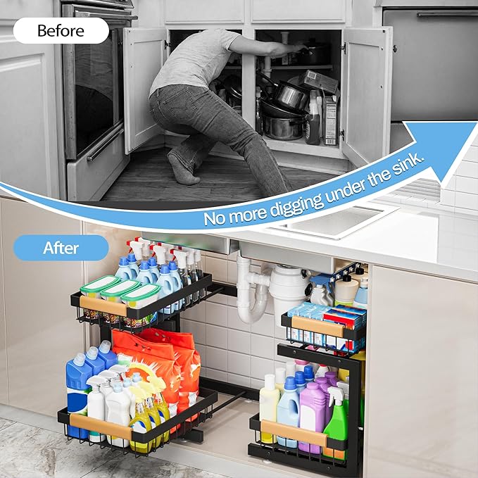 ADBIU Under Sink Organizer XL Size, 2 Packs 2 Tier Expandable Height (13.5" - 17.5") Under-Sink Organizers Slide Out Pull Out Bathroom Kitchen Organizers and Storage