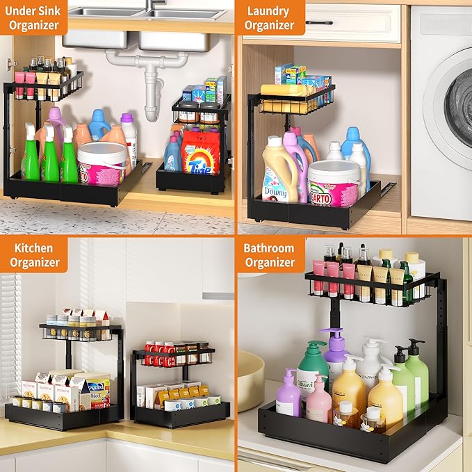 CAWIU 2-Pack Expandable Under Sink Organizers and Storage, 2-Tier Adjustable Pull-Out Cabinet Organizers, Slide-Out Shelves with Width (9.9"-15.7") & Height (11.6"-15.6") for Kitchen & Bathroom