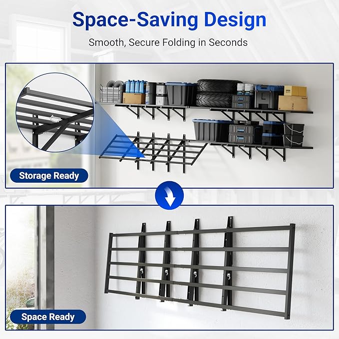 FLEXIMOUNTS Fold-Down 2x6ft Garage Wall Shelving, 2-Pack Heavy Duty Folding Garage Shelving Wall Mounted, 1800 lbs Capacity, Storage for Power Tools, Garden Supplies & Seasonal Storage, Lite Series