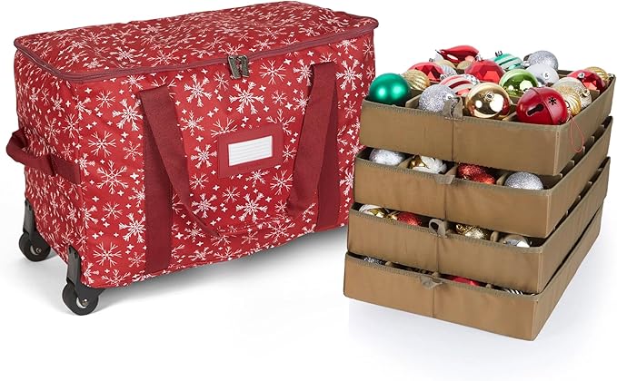 Covermates Keepsakes Rolling Adjustable Ornament Storage Bag – Heavy-Duty Polyester, FlexGrid Trays & Padded Dividers – Protective Holiday Organizer with Wheels, Handles & ID Window, Red Snowflake