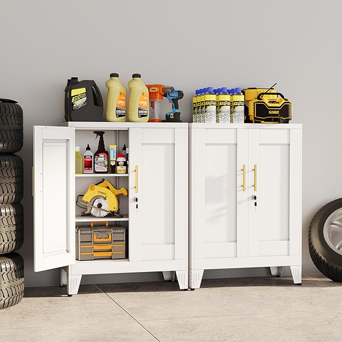 White Metal Storage Cabinet, 36" Tall Locking Storage Cabinet with 2 Adjustable Shelves, Steel Locker Organizer, for Office, Home, School, 11.81" D x 23.62" W x 35.83" H, 2PS